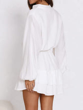 Ruffled Notched Balloon Sleeve Mini Dress OutfitFlow